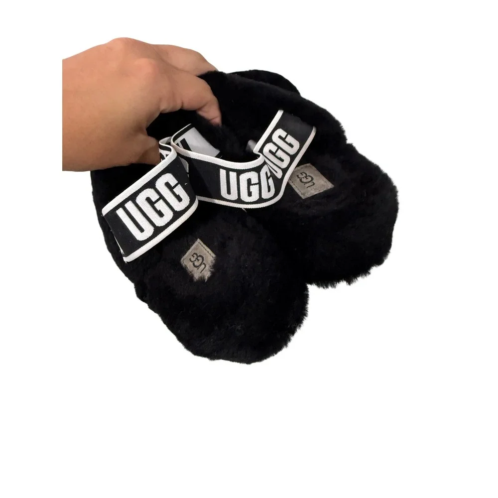 UGG Oh Fluffita Black Sheepskin Platform Slingback Slides Sandals Women 8